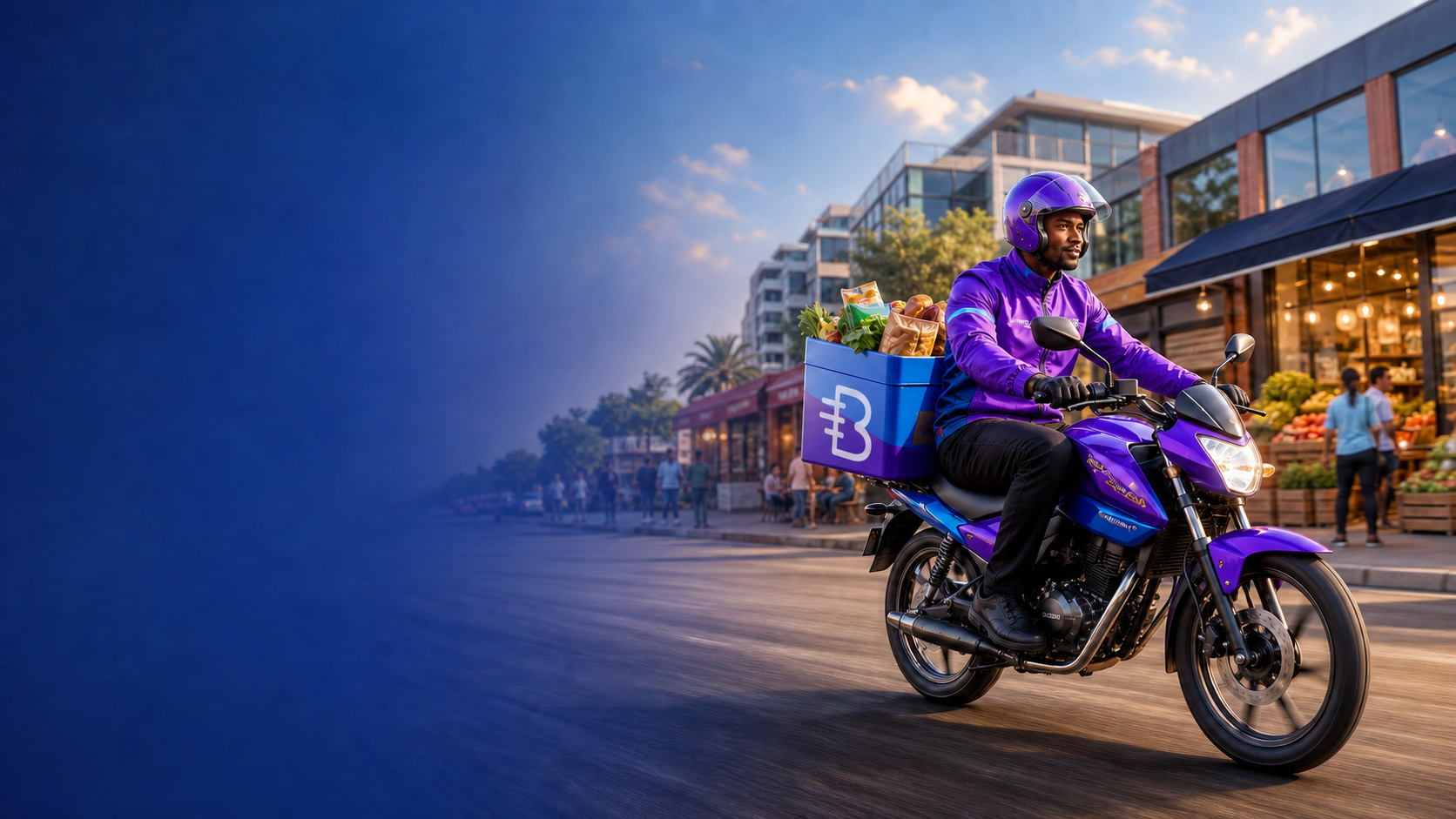 A Bringo courier racing through an African retail street with food and fresh groceries in a Bringo delivery box